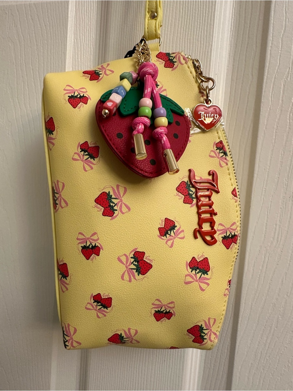 Juicy Couture Yellow Strawberry Print Wristlet with Red Strawberry Charm